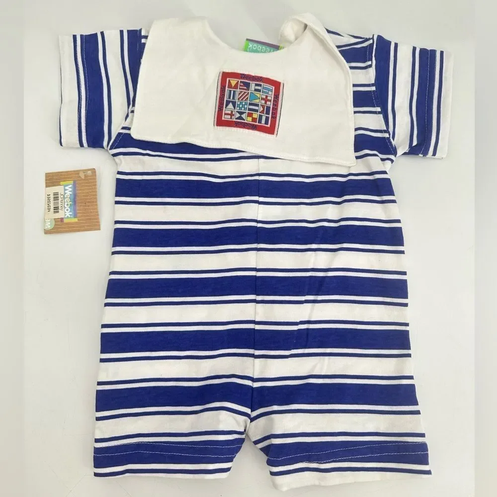 VTG Sears Weebok Baby Romper 6/9 Month Blue Striped One Piece Collared NWT